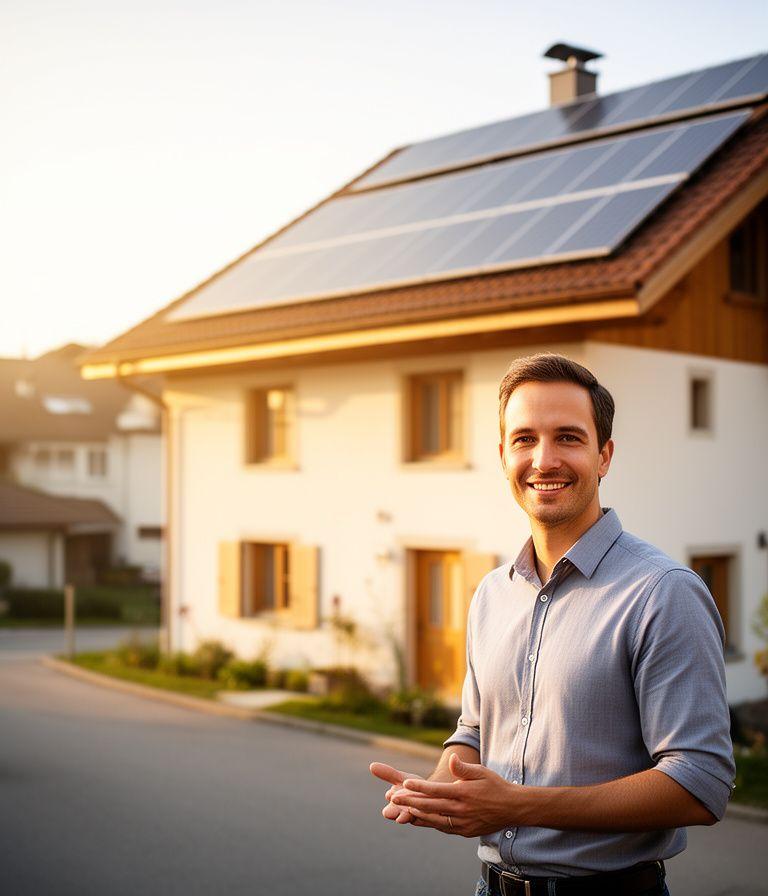 Solarberaterin vor einem Zürcher Wohnhaus mit Dachanlage und hellem Abendlicht