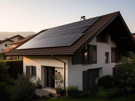 Mehrfamilienhaus mit neuer Solaranlage auf der Fassade und dem Dach in einem ruhigen Zürcher Wohnquartier