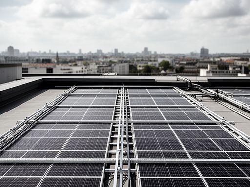 Gewerbliche Solaranlage auf einem Flachdach mit Montagegestell und Blick auf das Zürcher Stadtgebiet