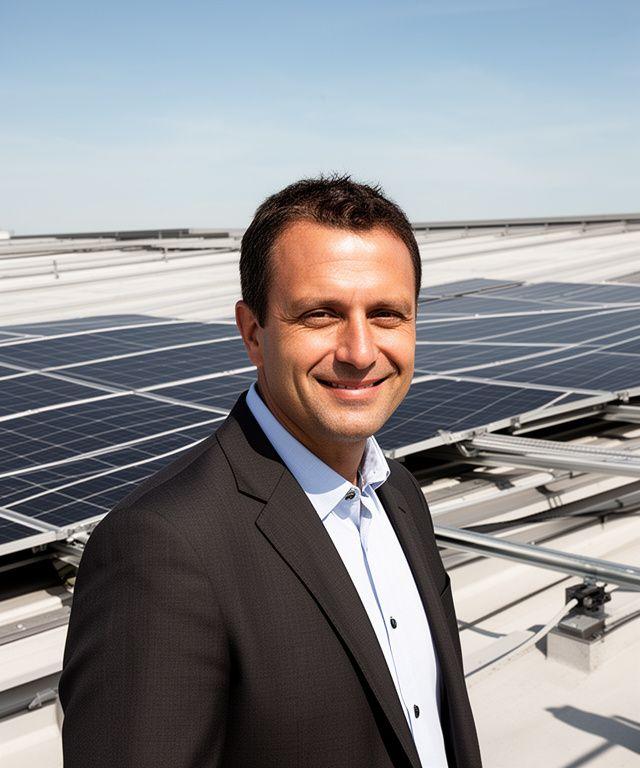 Geschäftsführer Marco Bühler vor einer Solaranlage auf einem hellen Zürcher Gewerbedach