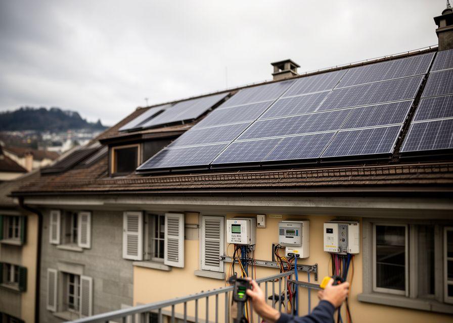 Installationsplanung auf einem Zürcher Wohnhaus mit Solarmodulen, Kabeln und technischem Detailblick