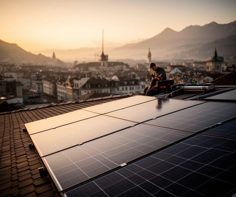 Solartechniker prüft eine moderne Dachanlage über den Dächern von Zürich bei warmem Abendlicht