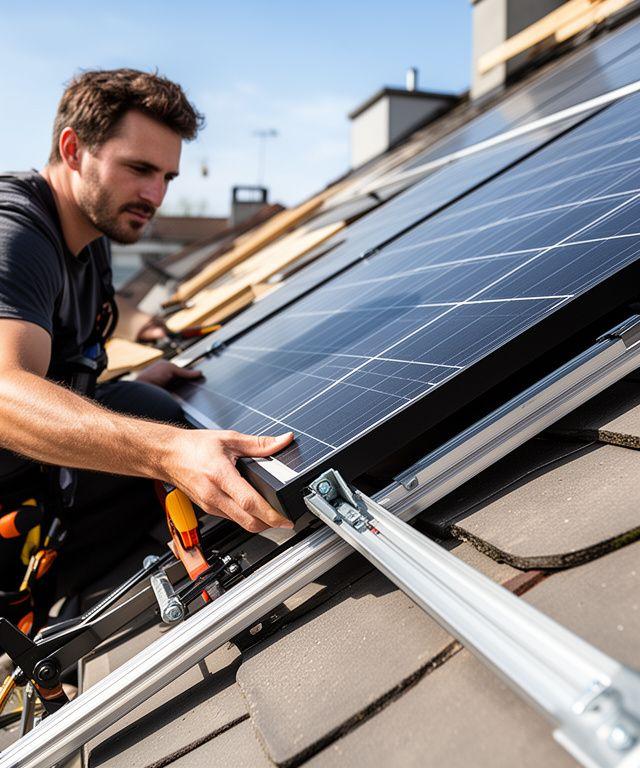 Montageleiter Sandro Frei beim Ausrichten von Solarmodulen auf einem Wohnhausdach in Zürich