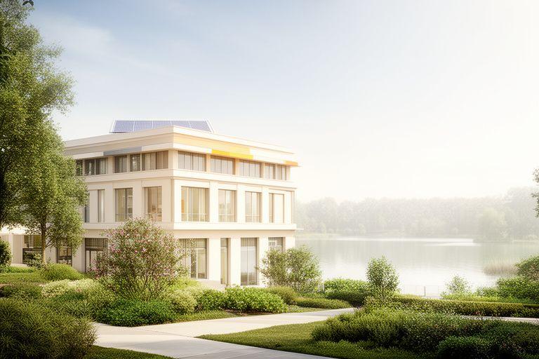 Helles Bürogebäude nahe dem Zürichsee mit Solarberatungsraum und begrünter Umgebung