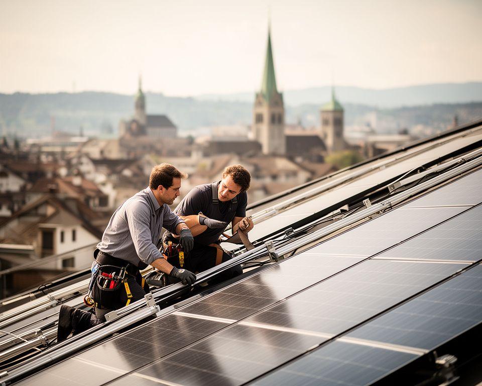 Solar technicians inspecting rooftop photovoltaic panels with a Zurich skyline in the background
