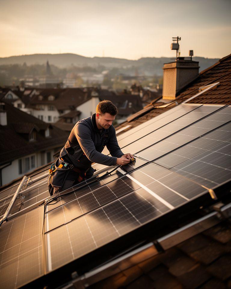 Solartechniker prüft eine Dachanlage in Zürich bei warmem Abendlicht