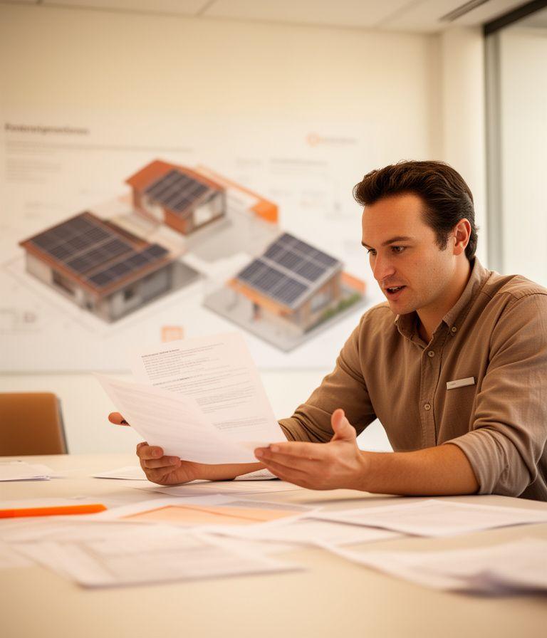 Solarfachperson erklärt Vertragsunterlagen in einem hellen Besprechungsraum mit warmem Licht und modularen Dachplänen