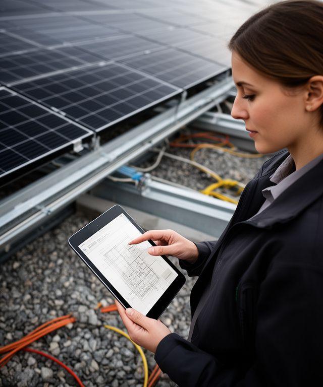 Projektleiterin Lina Stauffer prüft Pläne mit Tablet auf einer solartechnischen Baustelle in Zürich