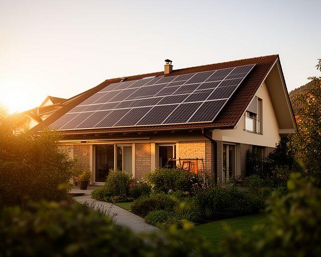 Familienhaus in Zürich-Wollishofen mit montierter Solaranlage auf dem geneigten Dach und gepflegtem Garten davor
