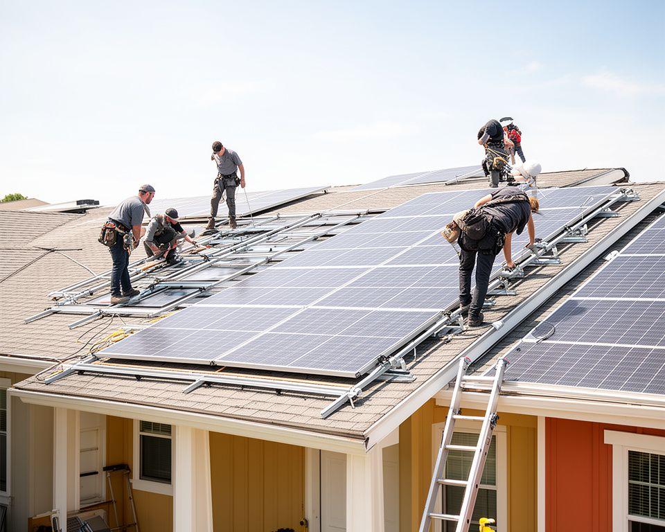 Montageteam installiert Solarmodule auf einem hellen Zürcher Einfamilienhausdach