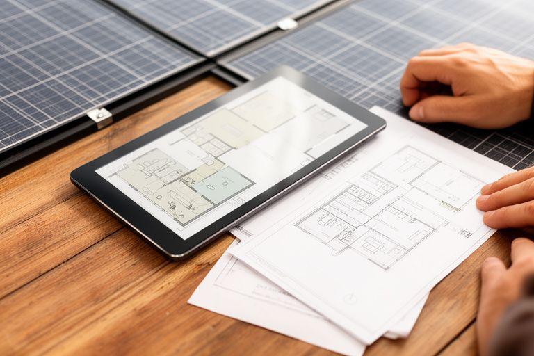 Nahaufnahme eines Solardachs mit aufgestelltem Tablet und Planungsunterlagen auf einem Holztisch